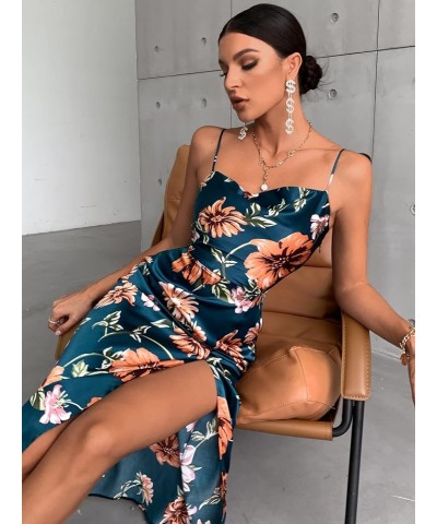 Women's Cowl Neck Spaghetti Strap Floral Print Split Thigh Midi Dress Dark Blue $22.00 Dresses