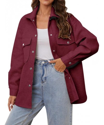 Women's 2023 Oversized Lightweight Long Sleeves Shacket Jacket Button Down Wool Blend Coats with Pockets Burgundy $19.78 Coats