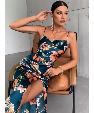 Women's Cowl Neck Spaghetti Strap Floral Print Split Thigh Midi Dress Dark Blue $22.00 Dresses