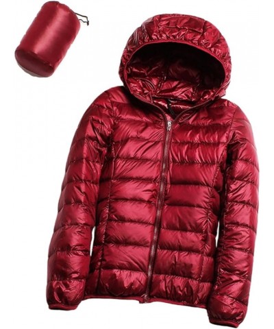 Women's Hooded Down Jacket Lightweight Puffer Packable Casual Coat Outwear Wine Red $18.24 Jackets