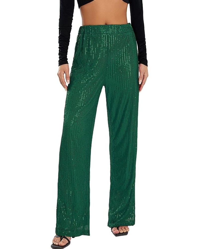 Women Sequin Flared Trousers High Waisted Sparkly Wide Leg Trousers Party Clubwear Shiny Bell Bottom Pants Green $15.29 Pants