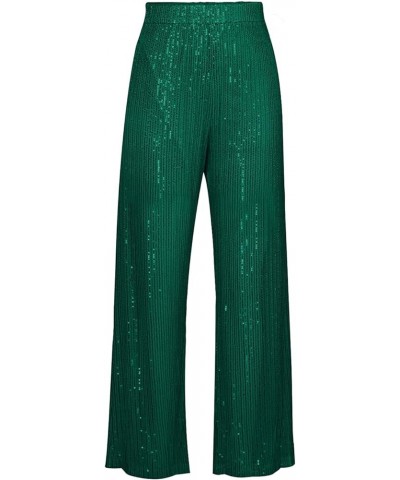 Women Sequin Flared Trousers High Waisted Sparkly Wide Leg Trousers Party Clubwear Shiny Bell Bottom Pants Green $15.29 Pants