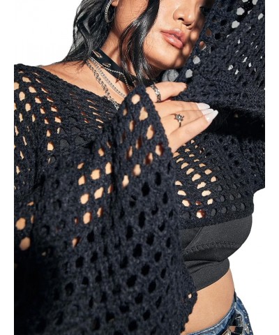 Women's Punk Plus Size Hollow Out Flounce Sleeve Sweater Boat Neck Long Sleeve Sheer Pullover Without Bra Black $6.23 Sweaters