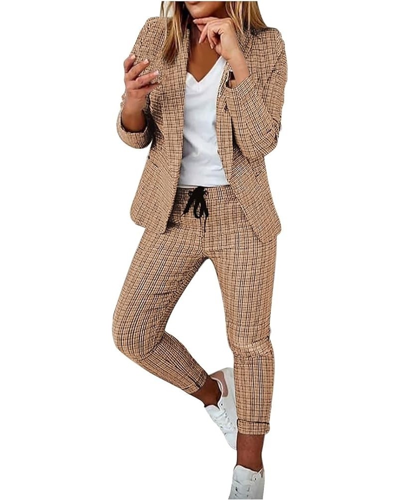 Blazer Sets Women 2 Piece Outfits Business Pantsuit Casual Fashion Pants Suits Solid Open Front Elegant Dressy Sets 05-khaki ...