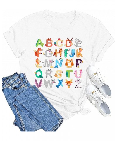 Teacher Shirt Women Teaching Tshirt Funny ABC Animals Alphabet Graphic Tee Top Cute Kindergarten Teachers Gift T-Shirt White ...