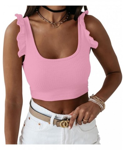 Women Casual U Neck Crop Tank Top Solid Ribbed Slim Fit Knit Ruffle Trim Crop Tops Vest Pink $8.69 Tanks