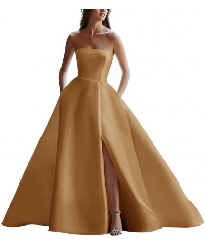 Strapless Satin Wedding Dresses for Bride Sleeveless Bridal Dresses Mermaid Prom Ball Gown for Women with Slit Gold $45.08 Dr...