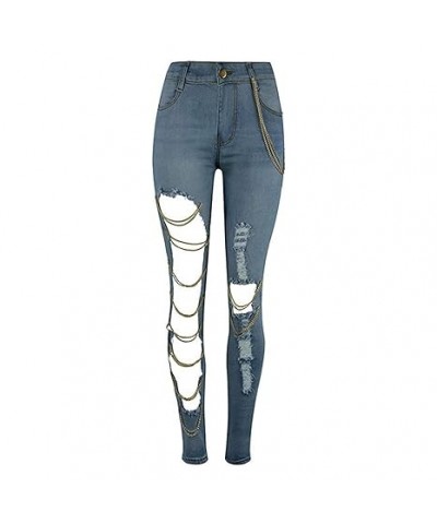 Trousers Pants Fashion Denim Hole Ripped Women Solid Jeans Big Pencil Slim Chain Plus Size Pants Womens Twill Pants (Blue, M)...