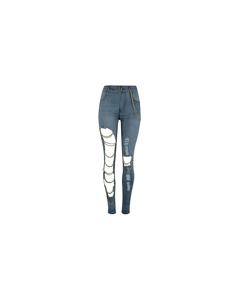 Trousers Pants Fashion Denim Hole Ripped Women Solid Jeans Big Pencil Slim Chain Plus Size Pants Womens Twill Pants (Blue, M)...