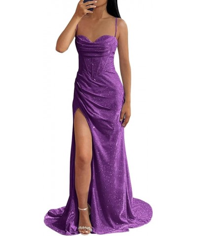 Sparkly Mermaid Prom Dresses with Slit 2024 Long Sequin Spaghetti Strap V Neck Formal Gown for Women Evening Purple $40.32 Dr...