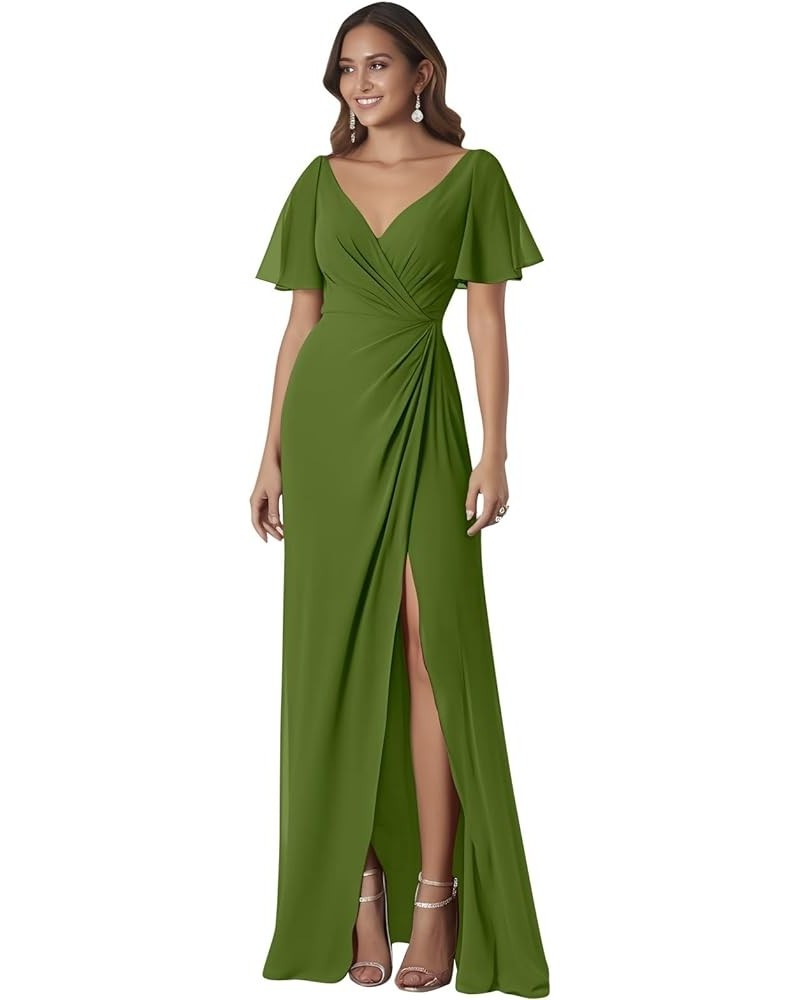 Women's Ruffle Sleeves Bridesmaid Dresses Long for Wedding Pleated Wrap Formal Evening Gown with Slit Olive Green $34.64 Dresses