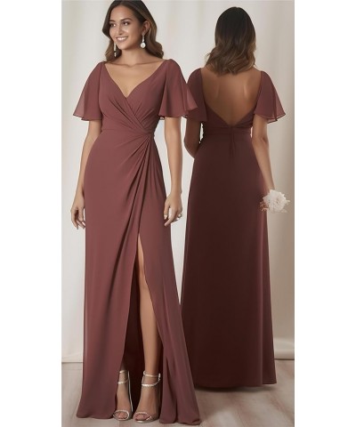 Women's Ruffle Sleeves Bridesmaid Dresses Long for Wedding Pleated Wrap Formal Evening Gown with Slit Olive Green $34.64 Dresses