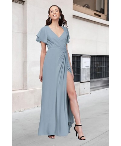 Women's Ruffle Sleeves Bridesmaid Dresses Long for Wedding Pleated Wrap Formal Evening Gown with Slit Olive Green $34.64 Dresses