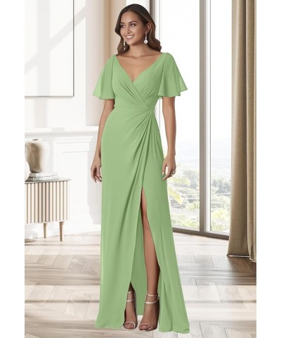 Women's Ruffle Sleeves Bridesmaid Dresses Long for Wedding Pleated Wrap Formal Evening Gown with Slit Olive Green $34.64 Dresses