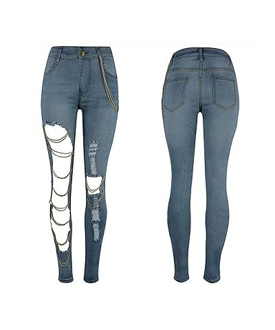 Trousers Pants Fashion Denim Hole Ripped Women Solid Jeans Big Pencil Slim Chain Plus Size Pants Womens Twill Pants (Blue, M)...