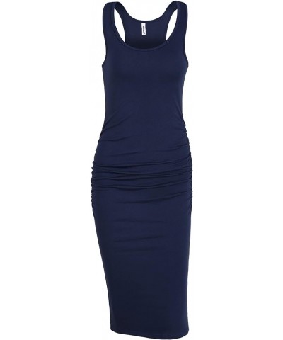 Women's Sleeveless Racerback Tank Ruched Bodycon Sundress Midi Fitted Casual Dress Navy Blue $20.64 Dresses