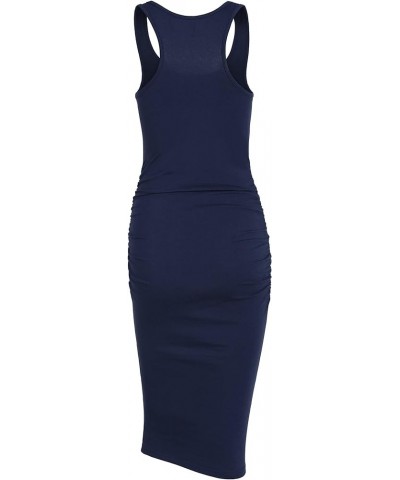 Women's Sleeveless Racerback Tank Ruched Bodycon Sundress Midi Fitted Casual Dress Navy Blue $20.64 Dresses