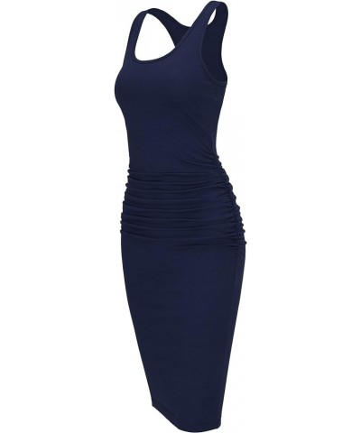 Women's Sleeveless Racerback Tank Ruched Bodycon Sundress Midi Fitted Casual Dress Navy Blue $20.64 Dresses