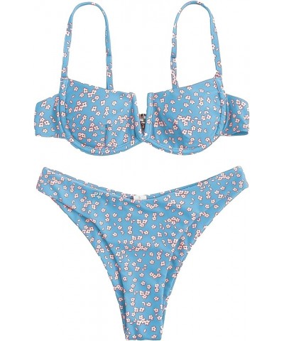 Women's Sexy Bathing Suits Spaghetti Strap Floral Bikini Set Underwire Swimsuit Blue Color $18.86 Swimsuits