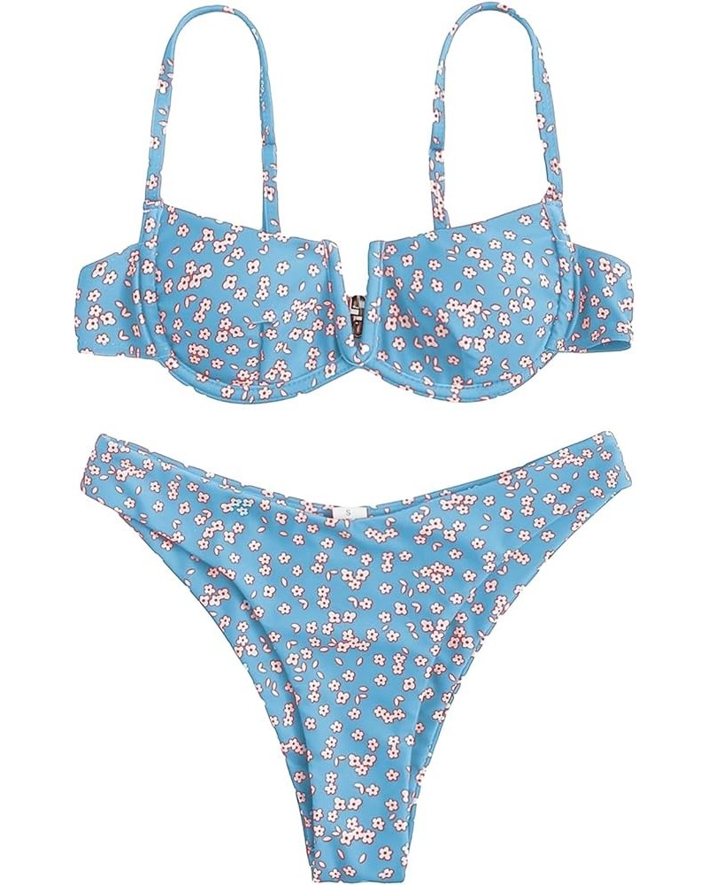 Women's Sexy Bathing Suits Spaghetti Strap Floral Bikini Set Underwire Swimsuit Blue Color $18.86 Swimsuits