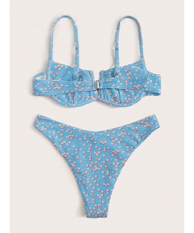 Women's Sexy Bathing Suits Spaghetti Strap Floral Bikini Set Underwire Swimsuit Blue Color $18.86 Swimsuits