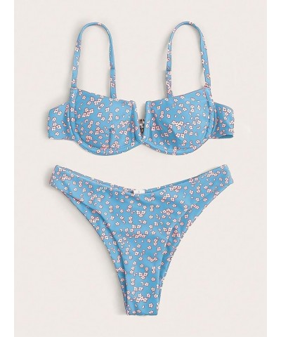 Women's Sexy Bathing Suits Spaghetti Strap Floral Bikini Set Underwire Swimsuit Blue Color $18.86 Swimsuits