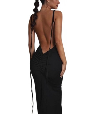 Sexy Backless Maxi Dress for Women Y2K Satin Spaghetti Strap Sleeveless Cowl Neck Bodycon Long Dress D Backless Black $11.96 ...