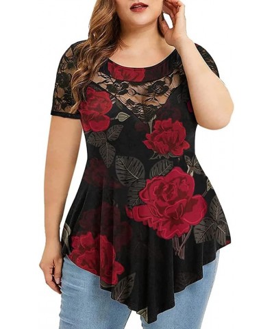 Womens Plus Size Tops O-Neck Asymmetric Short Sleeve Tunics Lace Blouse Shirts for Summer Casual S-5X Blackrose $12.75 Tops