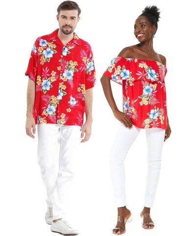 Matchable Couple Hawaiian Luau Shirt or Off-Shoulder Ruffle Muumuu Top in Hibiscus Black Women Women Hibiscus Red $20.58 Tops