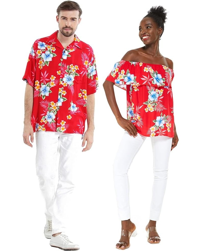 Matchable Couple Hawaiian Luau Shirt or Off-Shoulder Ruffle Muumuu Top in Hibiscus Black Women Women Hibiscus Red $20.58 Tops