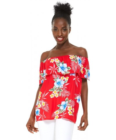 Matchable Couple Hawaiian Luau Shirt or Off-Shoulder Ruffle Muumuu Top in Hibiscus Black Women Women Hibiscus Red $20.58 Tops