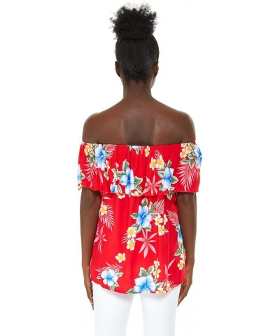 Matchable Couple Hawaiian Luau Shirt or Off-Shoulder Ruffle Muumuu Top in Hibiscus Black Women Women Hibiscus Red $20.58 Tops