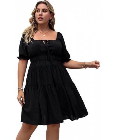 Women's Plus Size Solid Square Neck Puff Short Sleeve Flare Hem Short Dress Black $18.00 Dresses