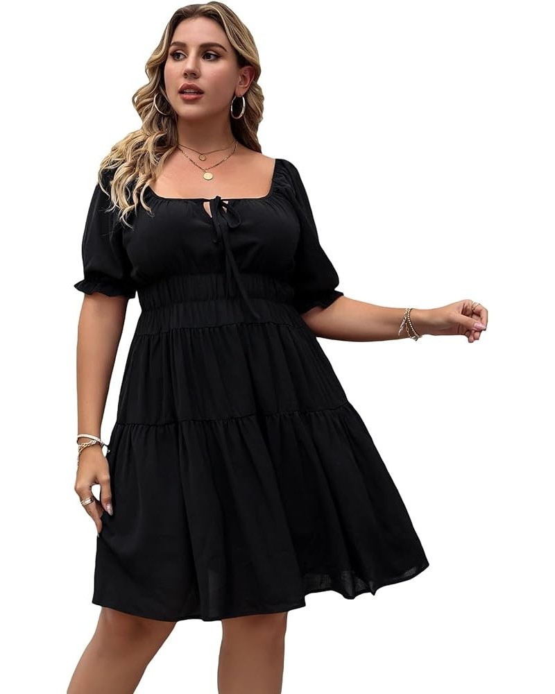 Women's Plus Size Solid Square Neck Puff Short Sleeve Flare Hem Short Dress Black $18.00 Dresses