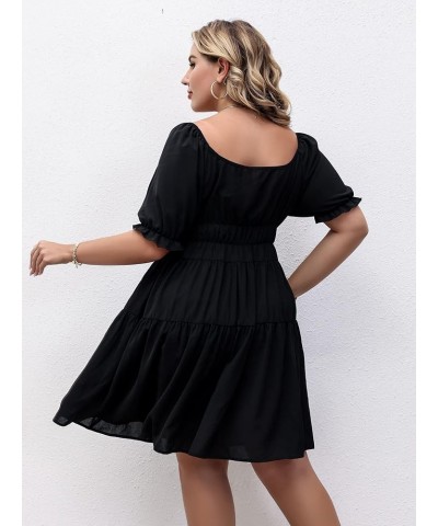 Women's Plus Size Solid Square Neck Puff Short Sleeve Flare Hem Short Dress Black $18.00 Dresses