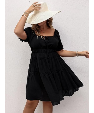 Women's Plus Size Solid Square Neck Puff Short Sleeve Flare Hem Short Dress Black $18.00 Dresses