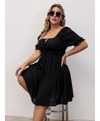 Women's Plus Size Solid Square Neck Puff Short Sleeve Flare Hem Short Dress Black $18.00 Dresses