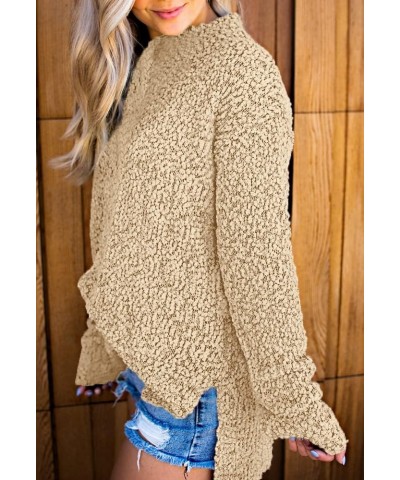 Womens Fuzzy Knitted Sweater Sherpa Fleece Side Slit Full Sleeve Jumper Outwears Khaki $19.71 Sweaters