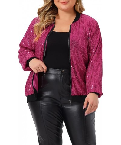 Plus Size Metallic Jacket for Women Sparkle Party 2024 Sequin Bomber Jackets Hot Pink $31.89 Jackets