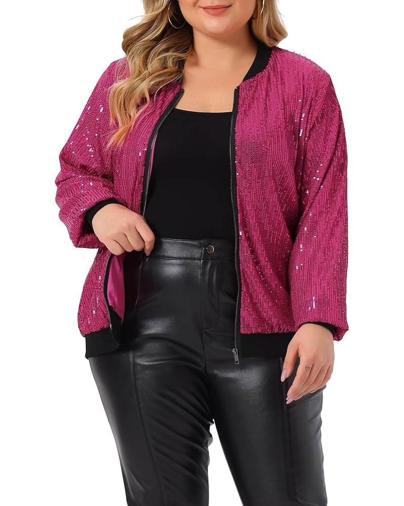 Plus Size Metallic Jacket for Women Sparkle Party 2024 Sequin Bomber Jackets Hot Pink $31.89 Jackets