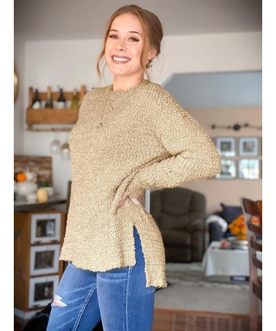 Womens Fuzzy Knitted Sweater Sherpa Fleece Side Slit Full Sleeve Jumper Outwears Khaki $19.71 Sweaters