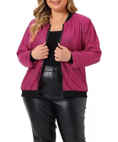 Plus Size Metallic Jacket for Women Sparkle Party 2024 Sequin Bomber Jackets Hot Pink $31.89 Jackets