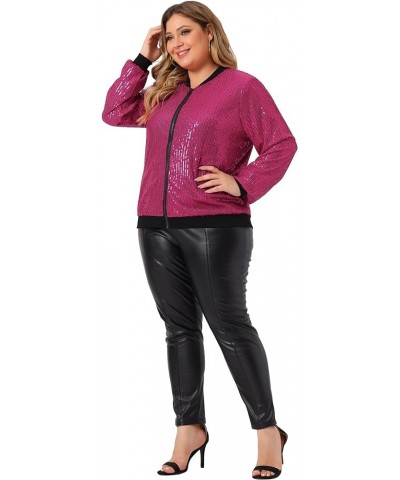 Plus Size Metallic Jacket for Women Sparkle Party 2024 Sequin Bomber Jackets Hot Pink $31.89 Jackets