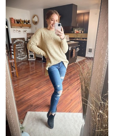 Womens Fuzzy Knitted Sweater Sherpa Fleece Side Slit Full Sleeve Jumper Outwears Khaki $19.71 Sweaters