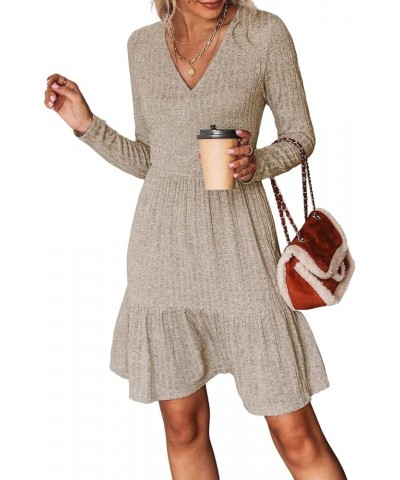 Women's Long Sleeve Chic V-Neck Mini Dress Jersey Knit Ribbed Flounce Hem Autumn Dresses Brown $21.26 Dresses