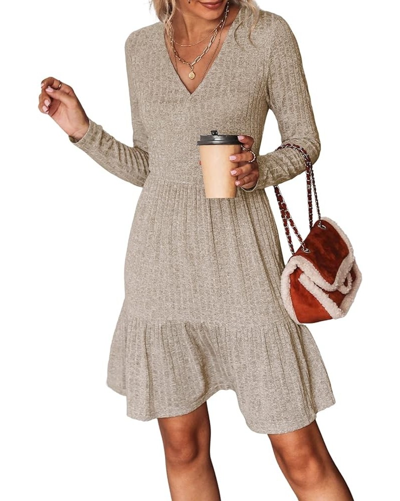 Women's Long Sleeve Chic V-Neck Mini Dress Jersey Knit Ribbed Flounce Hem Autumn Dresses Brown $21.26 Dresses