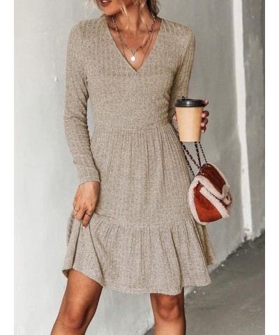 Women's Long Sleeve Chic V-Neck Mini Dress Jersey Knit Ribbed Flounce Hem Autumn Dresses Brown $21.26 Dresses