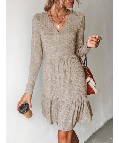 Women's Long Sleeve Chic V-Neck Mini Dress Jersey Knit Ribbed Flounce Hem Autumn Dresses Brown $21.26 Dresses