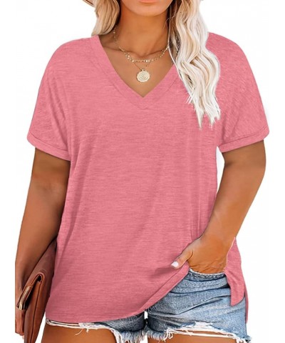 Plus-Size Tops for Women V Neck T Shirts Short Sleeve Side Split Tunics 08-pink $11.27 T-Shirts