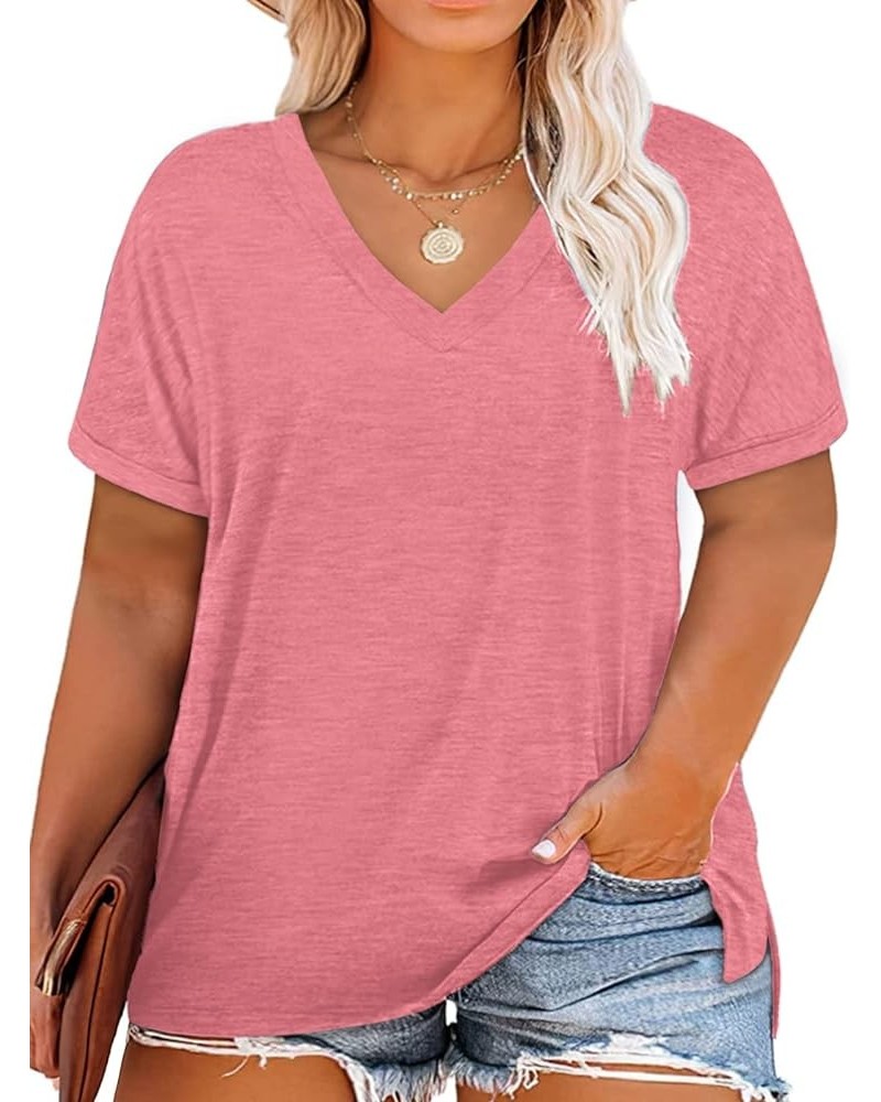 Plus-Size Tops for Women V Neck T Shirts Short Sleeve Side Split Tunics 08-pink $11.27 T-Shirts